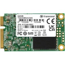 SSD|TRANSCEND|64GB|mSATA|SATA 3.0|3D NAND|Write speed 200 MBytes/sec|Read speed 350 MBytes/sec|TBW 35 TB|MTBF 200000 hours|TS64GMSA230S